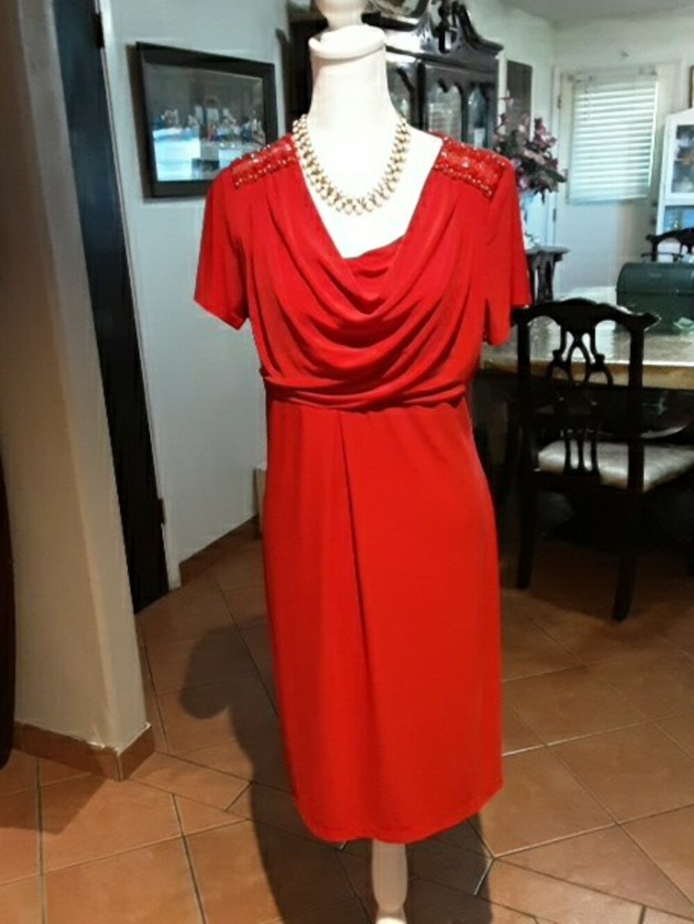 Cato Red Draped Cowl Midi Dress with Embellished Shoulders